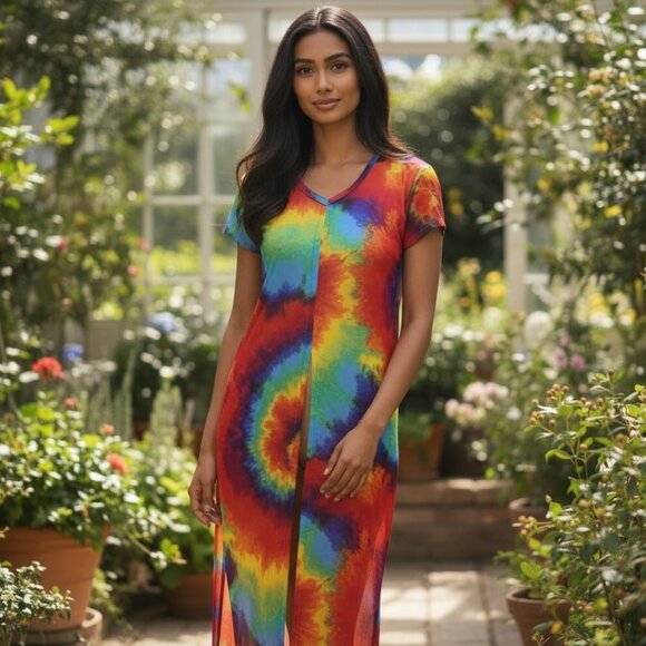 NYC BRAND Rainbow Tie Dye Sheer Maxi Dress L Swim Cover Up Boho Rave Festival - Picture 1 of 16